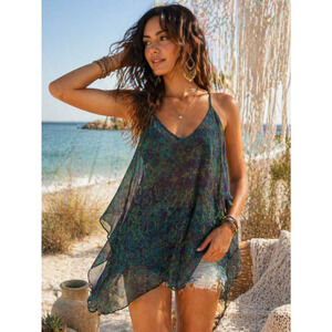 Ella Moss Silk Chiffon Blouse Sheer Boho V Neck Flowy Festival Top Lined Sz S